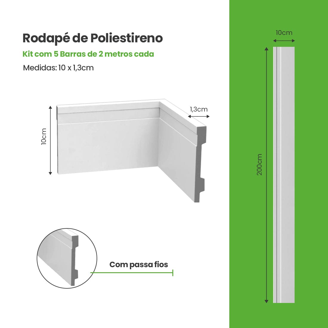 Rodapé de Poliestireno | Kit com 5 barras (10m) | RP77