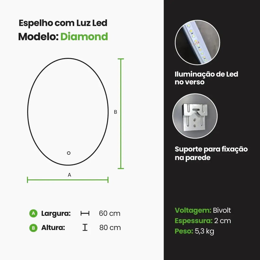 Espelho Oval com LED Bivolt - 80×60cm-Meu-Rodape-