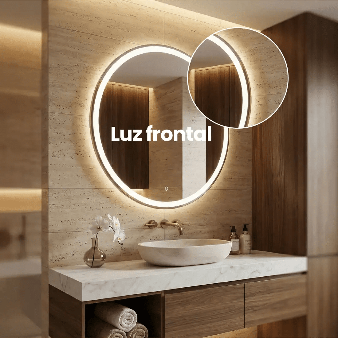 Espelho Redondo com LED Frontal Bivolt - 60x60cm-Meu-Rodape-