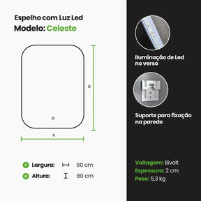 Espelho Retangular com LED, Bivolt - 80×60cm-Meu-Rodape-