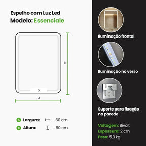 Espelho Retangular com LED Frontal - 80x60cm-Meu-Rodape-