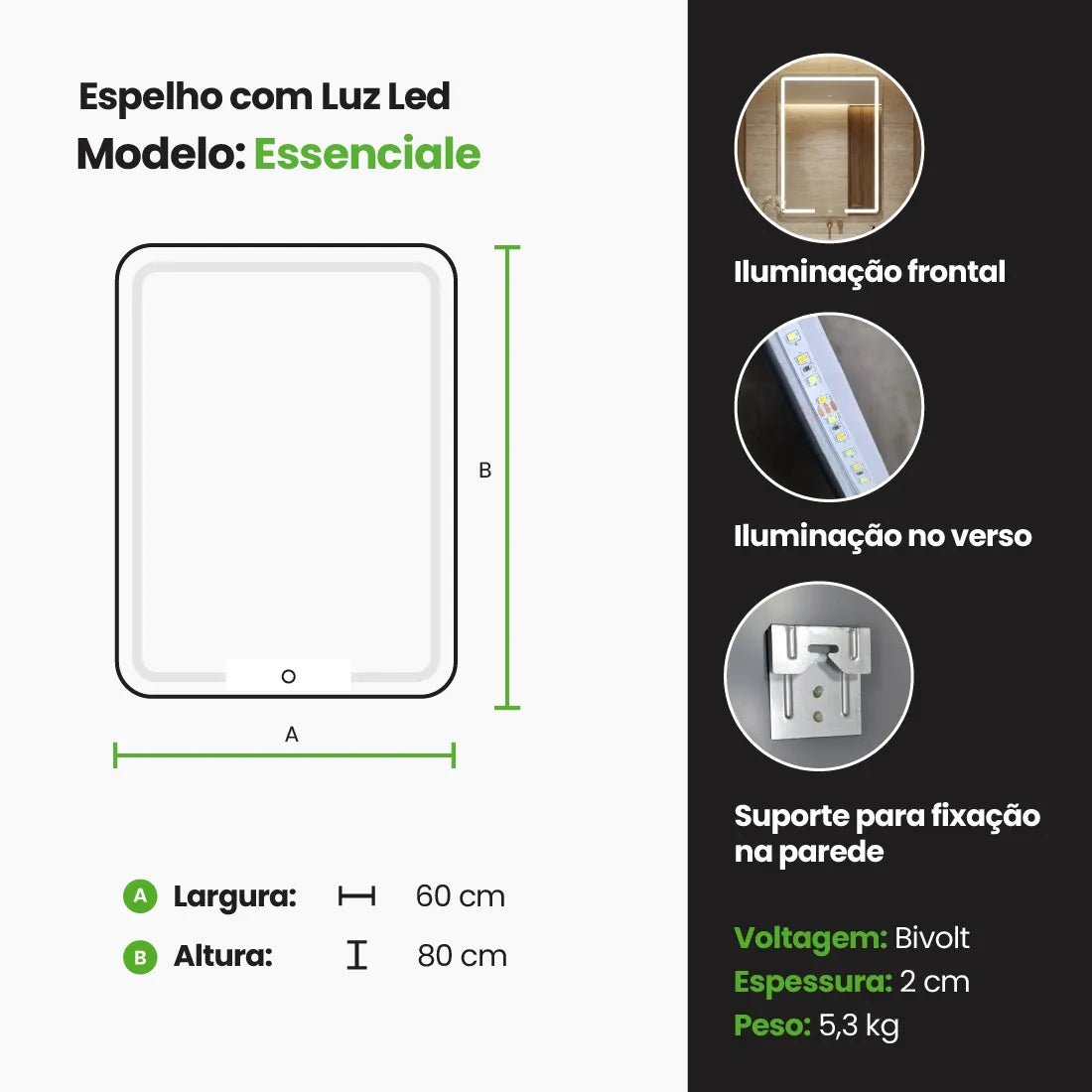 Espelho Retangular com LED Frontal - 80x60cm - Meu Rodapé