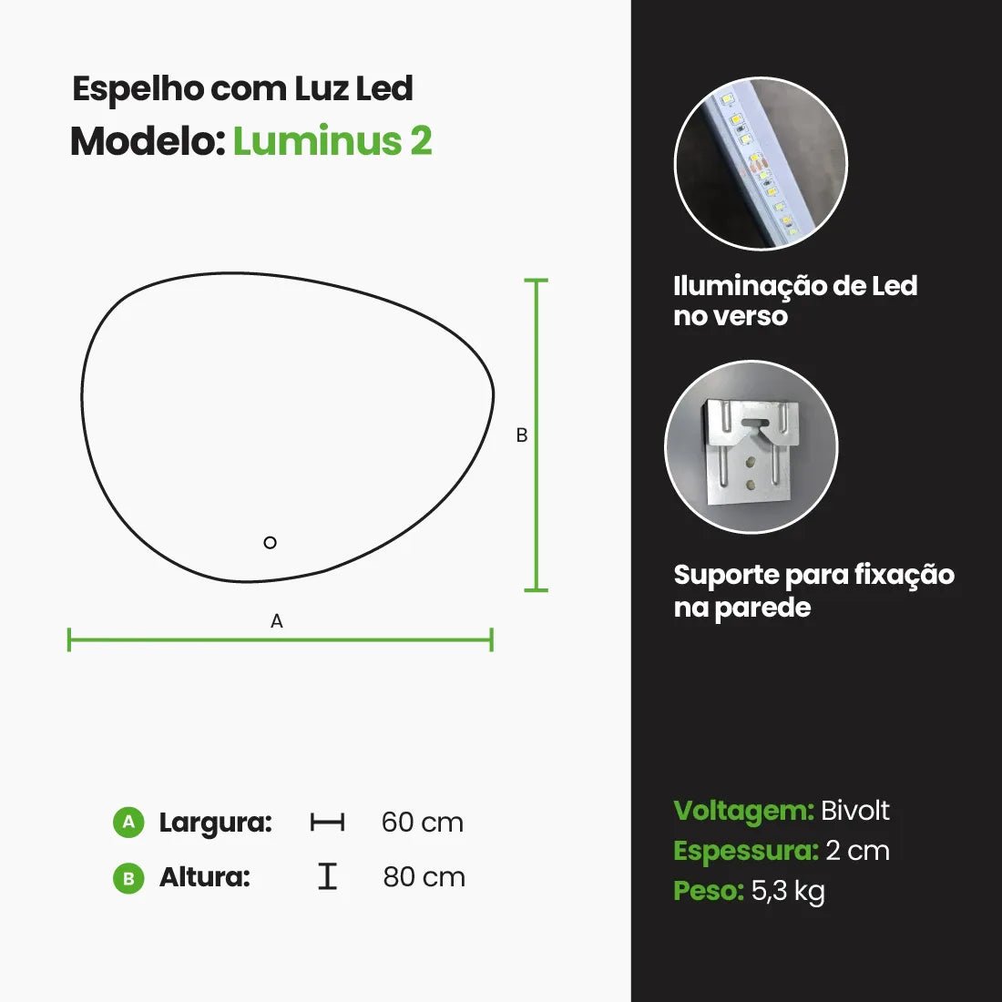 Espelho Orgânico com LED Bivolt - 80x60cm - Meu Rodapé