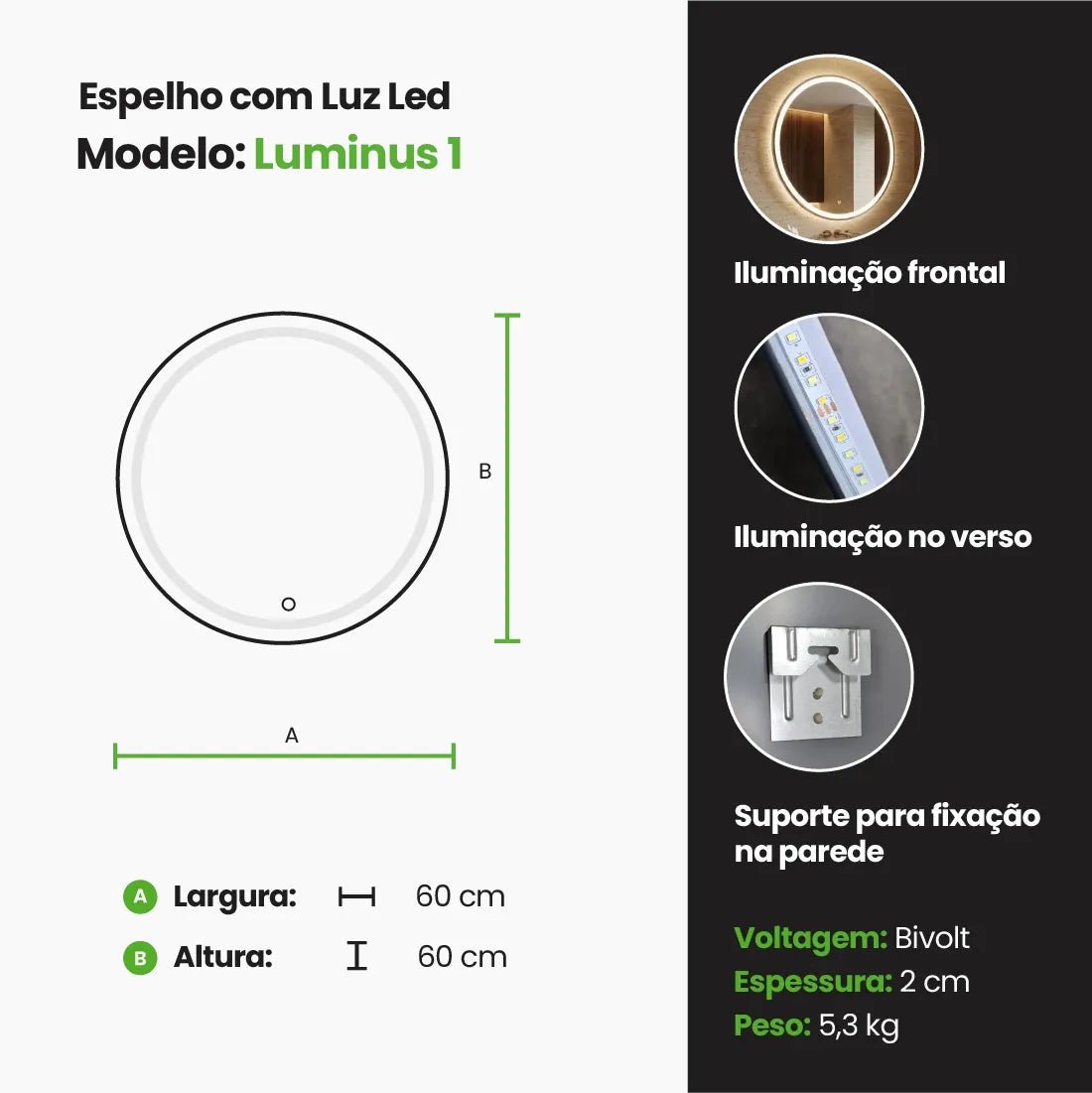 Espelho Redondo com LED Frontal Bivolt - 60x60cm - Meu Rodapé