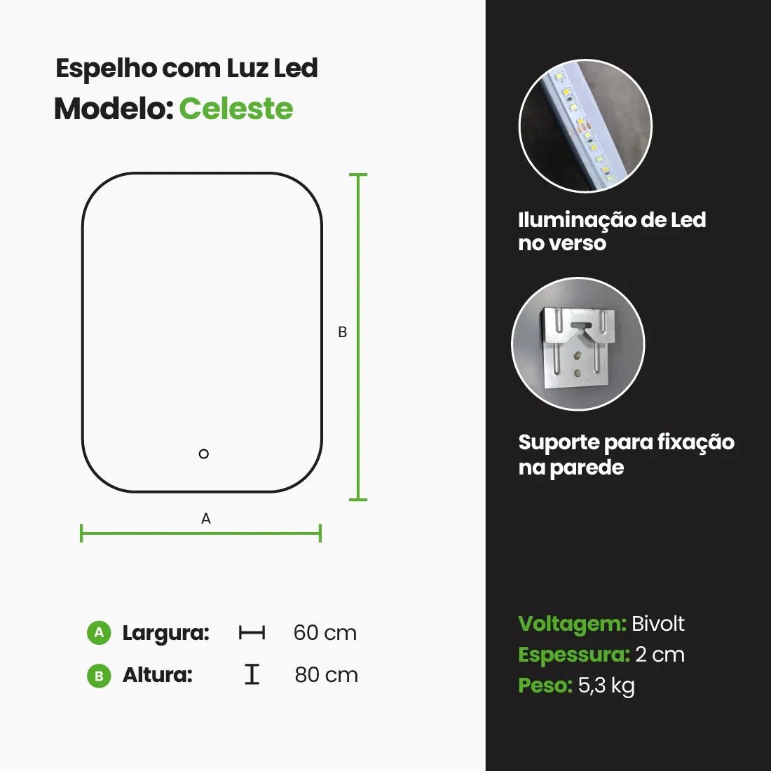 Espelho Retangular com LED, Bivolt 80×60cm - Meu Rodapé